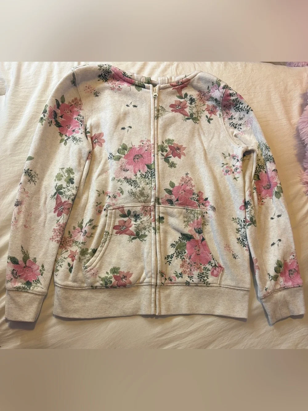 OshKosh B'gosh Cream Zip-Up Hoodie with Pink Floral Print